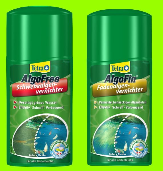 AlgoFREE und AlgoFIN je 500 ml gegen grünes Wasser,Schwebe u Fadenalgen im Teich